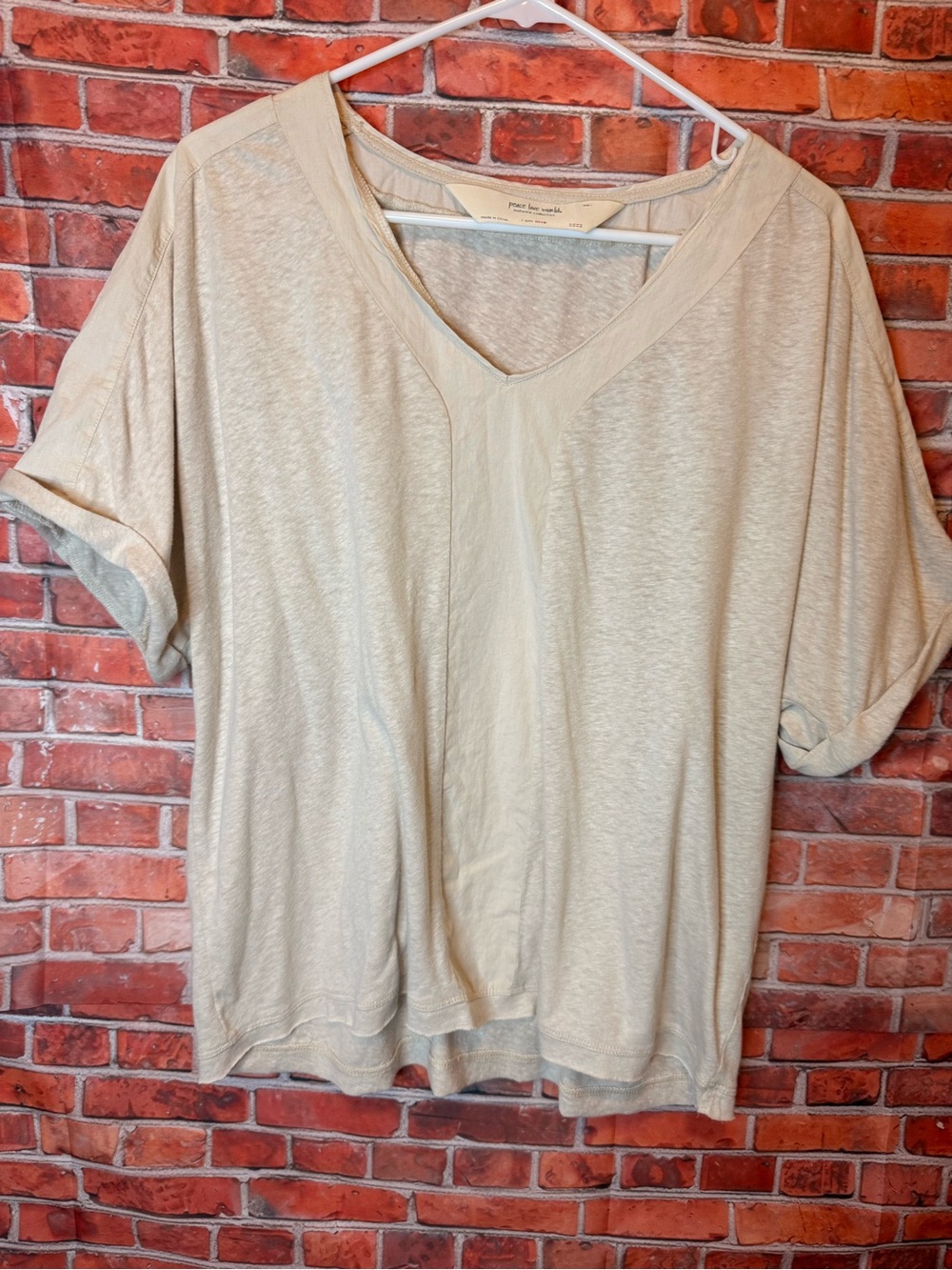 Peace Love World Light Beige V-Neck Boxy Short Sleeve Tee